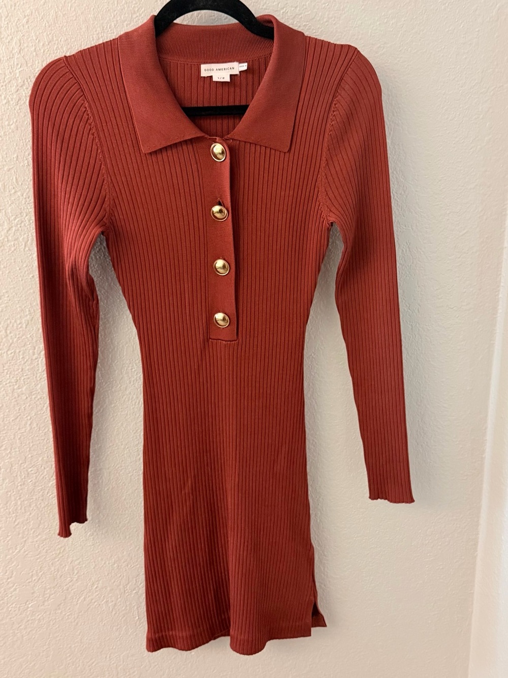 Good American Rust Red Ribbed Polo Knit Dress